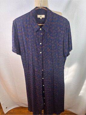 MKT Studio London Navy Short-Sleeve Button-Up dress with Orange Dot Print